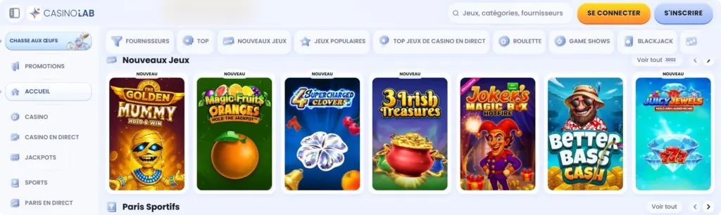 Casino Lab- vue de la page d'accueil