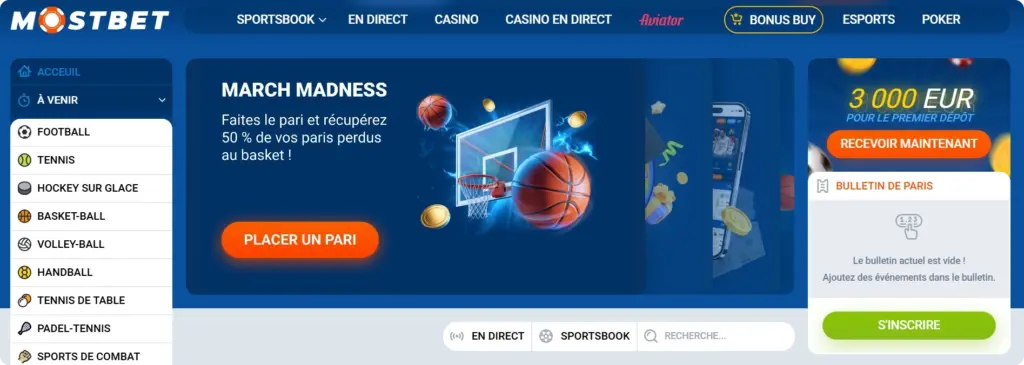 Mostbet - vue de la page d'accueil